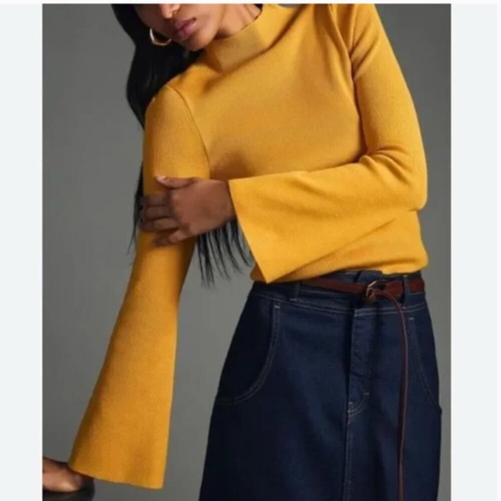 Anthropologie Maeve‎ Yellow Micro Rib Flare Long Sleeve Sweater
